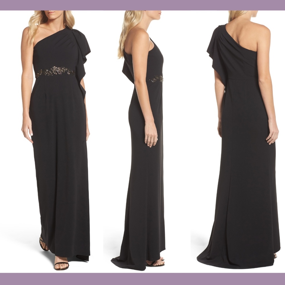 NWT $199 Adrianna Papell Beaded One-Shoulder Crepe Gown [SZ‎ 2 ] Black